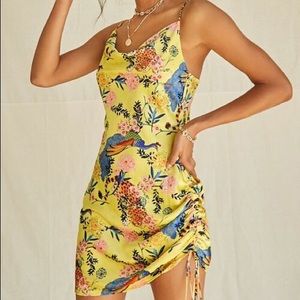 Forever 21 yellow satin mini dress graphic peacock bird tiger Asian print